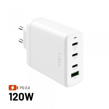 Síťový GaN adaptér FIXED s 3xUSB-C a USB výstupem, podpora PD 3.0, 120W, bílý