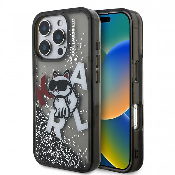 Zadní kryt Karl Lagerfeld Liquid Glitter Scattered Choupette pro iPhone 16 Pro Max Black