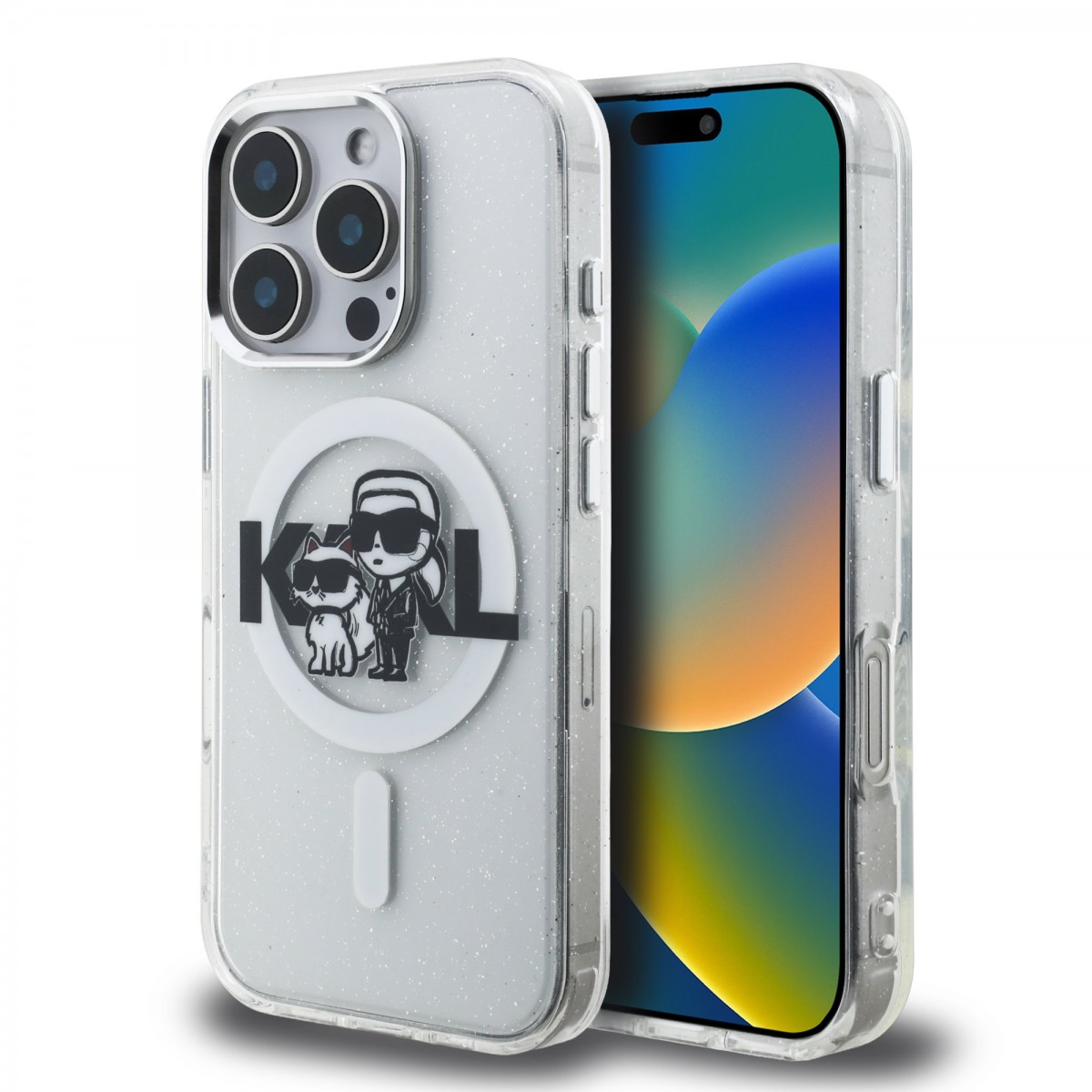 Zadní kryt Karl Lagerfeld IML Glitter Karl and Choupette Sketch MagSafe pro iPhone 16 Pro Transparent