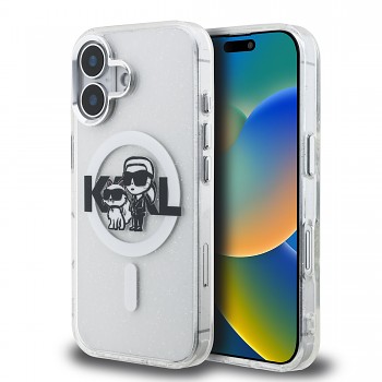Zadní kryt Karl Lagerfeld IML Glitter Karl and Choupette Sketch MagSafe pro iPhone 16 Transparent
