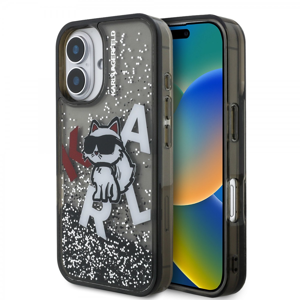 Levně Zadní kryt Karl Lagerfeld Liquid Glitter Scattered Choupette pro iPhone 16 Black