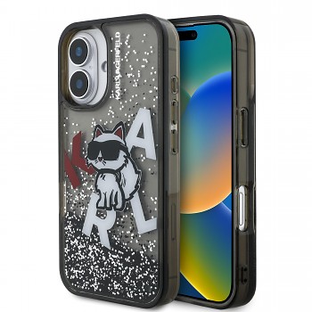 Zadní kryt Karl Lagerfeld Liquid Glitter Scattered Choupette pro iPhone 16 Black