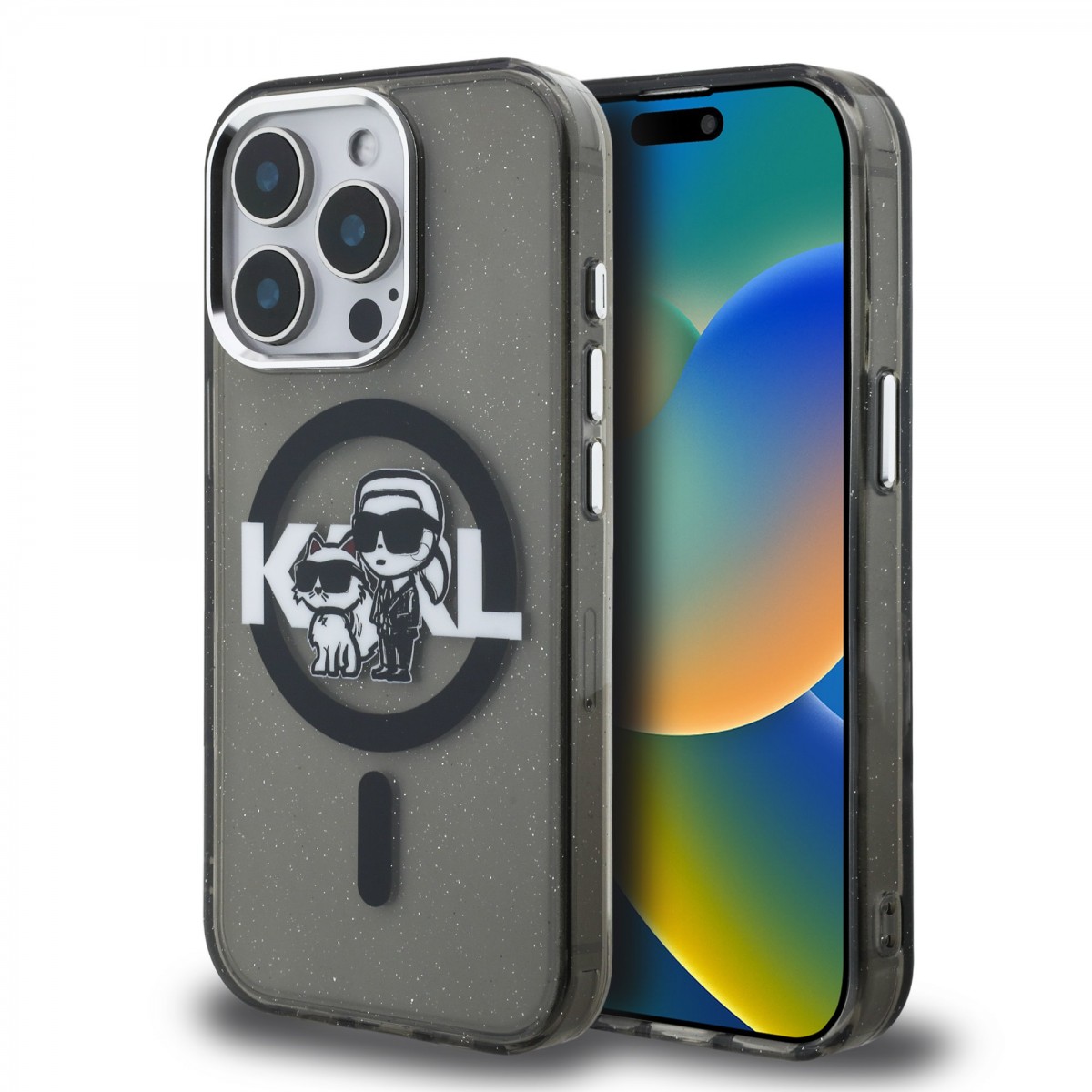 Levně Zadní kryt Karl Lagerfeld IML Glitter Karl and Choupette Sketch MagSafe pro iPhone 15 Pro Black