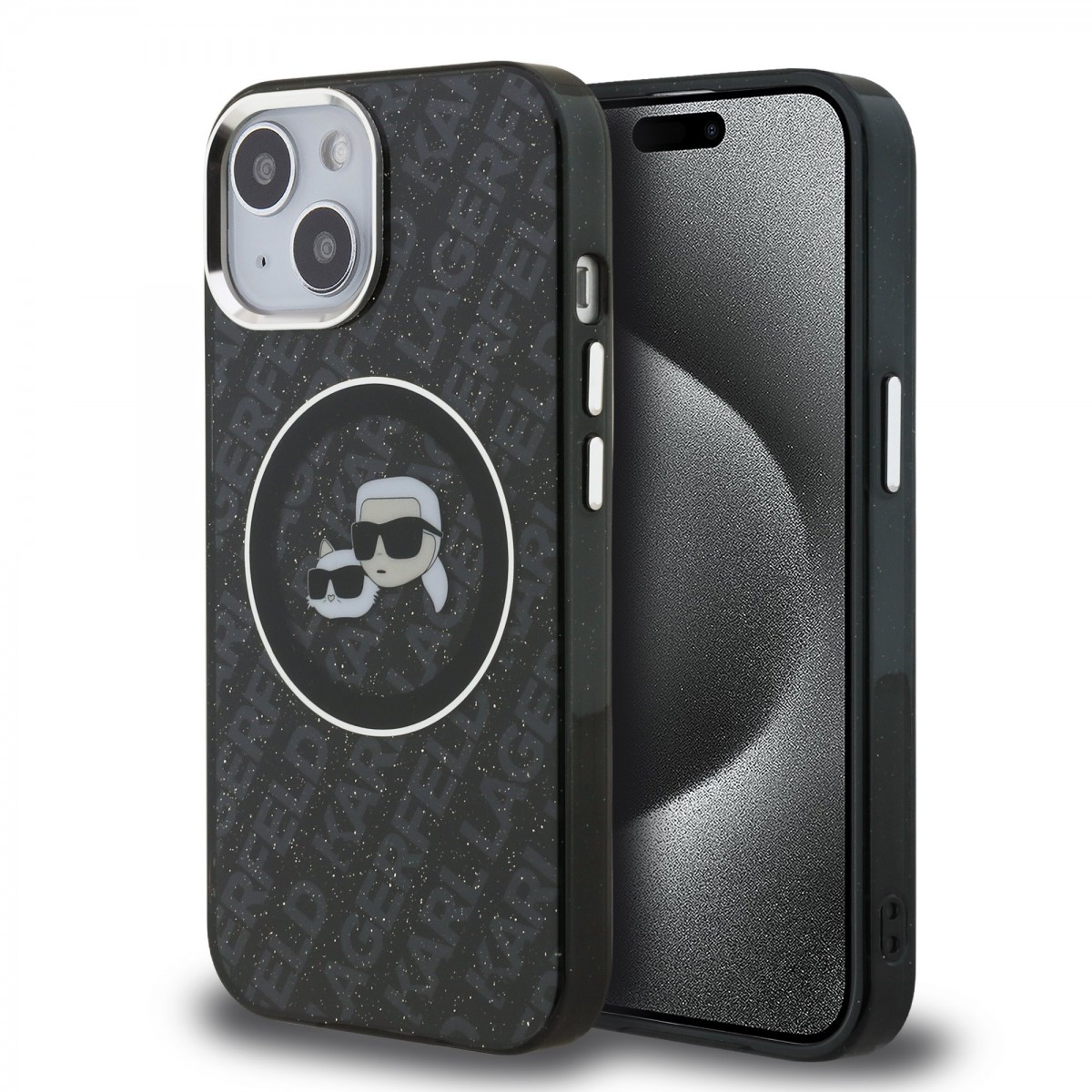 Zadní kryt Karl Lagerfeld IML K&amp;CH Heads Repeated Logo MagSafe pro iPhone 15 Black