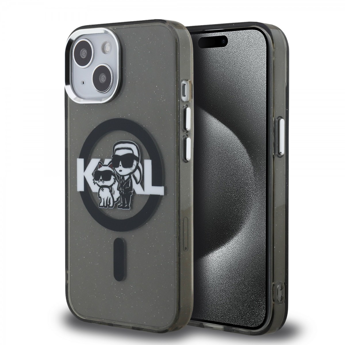 Levně Zadní kryt Karl Lagerfeld IML Glitter Karl and Choupette Sketch MagSafe pro iPhone 15 Black
