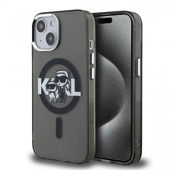 Zadní kryt Karl Lagerfeld IML Glitter Karl and Choupette Sketch MagSafe pro iPhone 15 Black