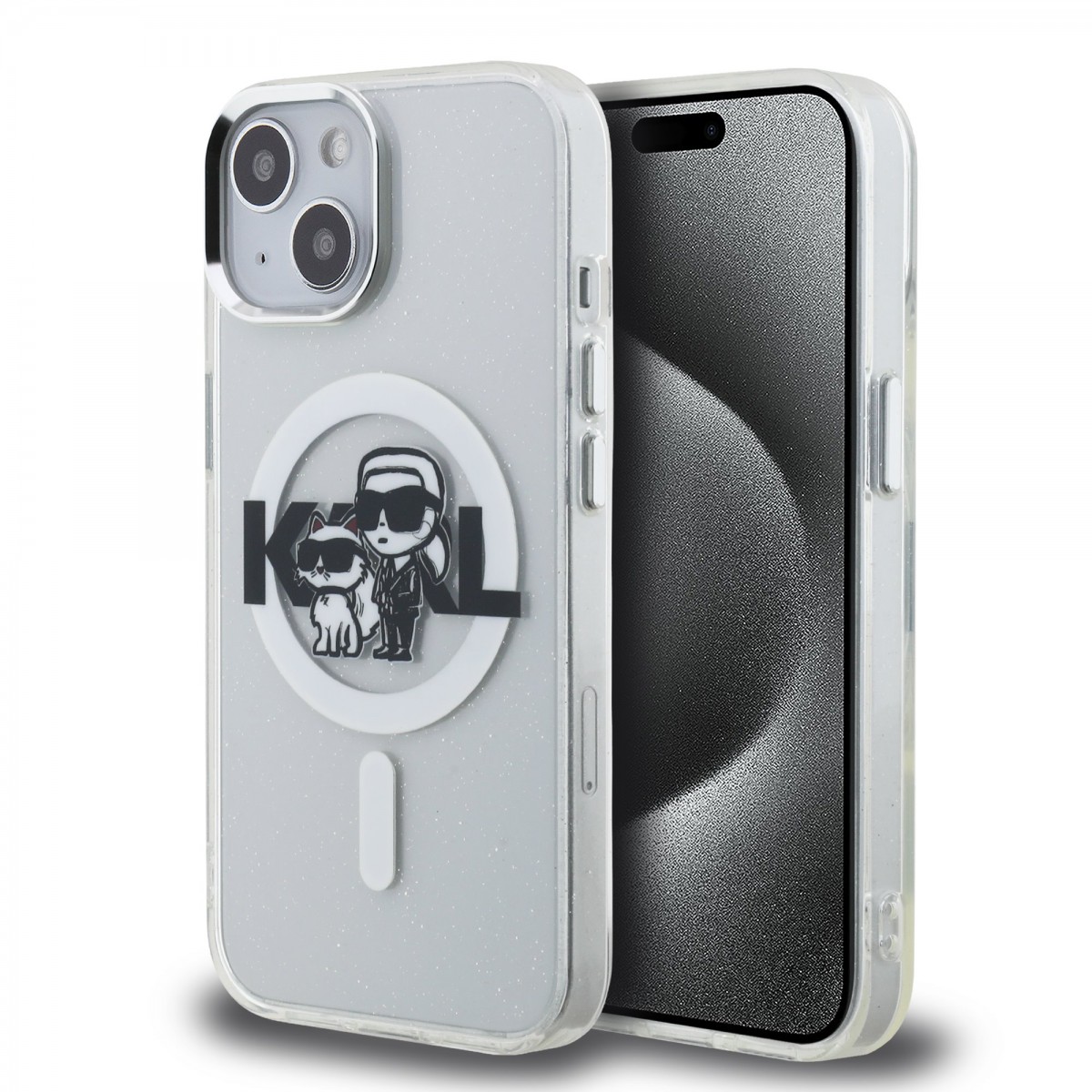 Zadní kryt Karl Lagerfeld IML Glitter Karl and Choupette Sketch MagSafe pro iPhone 15 Transparent