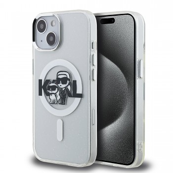 Zadní kryt Karl Lagerfeld IML Glitter Karl and Choupette Sketch MagSafe pro iPhone 15 Transparent