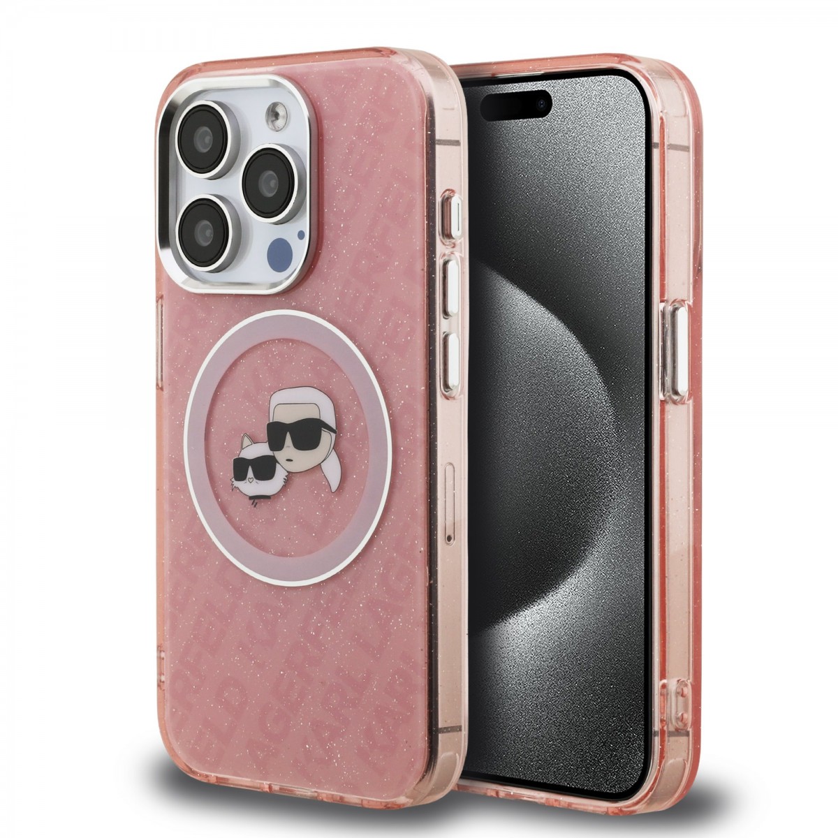 Zadní kryt Karl Lagerfeld IML K&amp;CH Heads Repeated Logo MagSafe pro iPhone 15 Pro Pink