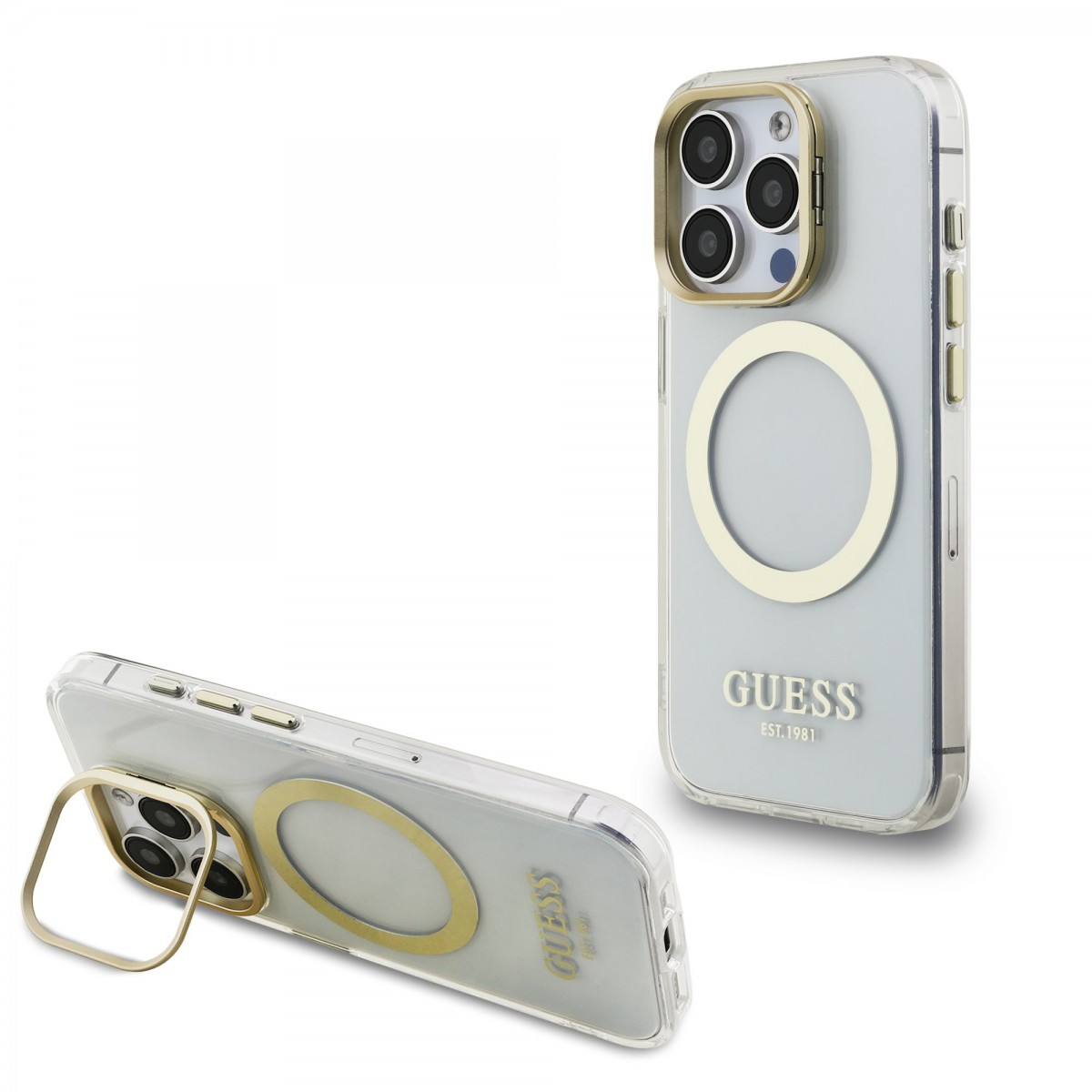Levně Zadní kryt Guess IML Gold Outline Stand Camera Frame MagSafe pro iPhone 15 Pro Max Transparent
