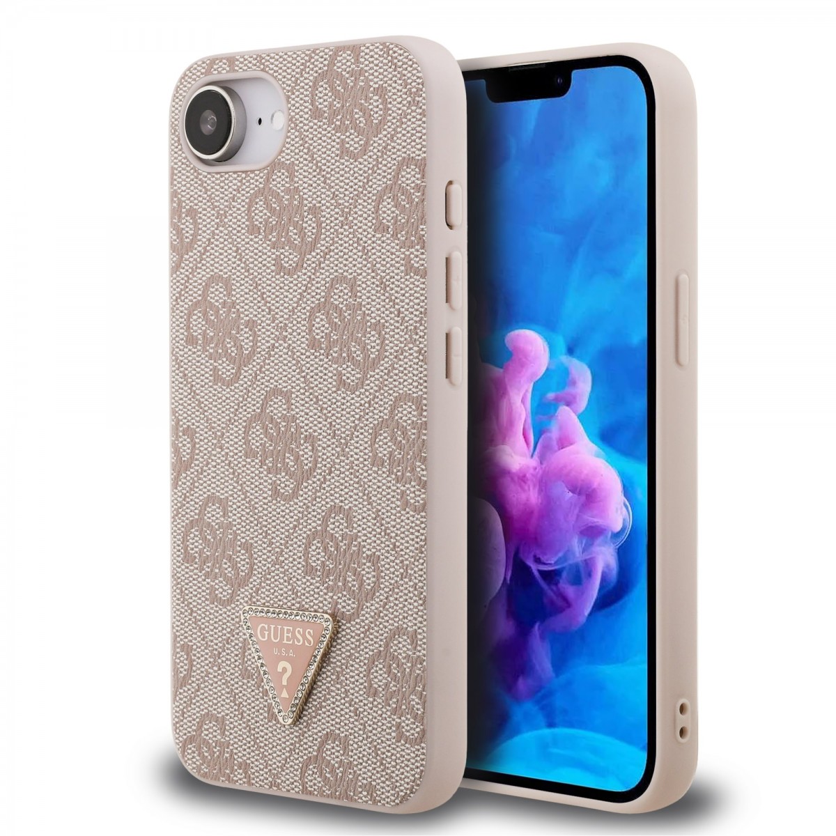 Levně Zadní kryt Guess PU 4G Strass Triangle Metal Logo pro iPhone 16e Pink