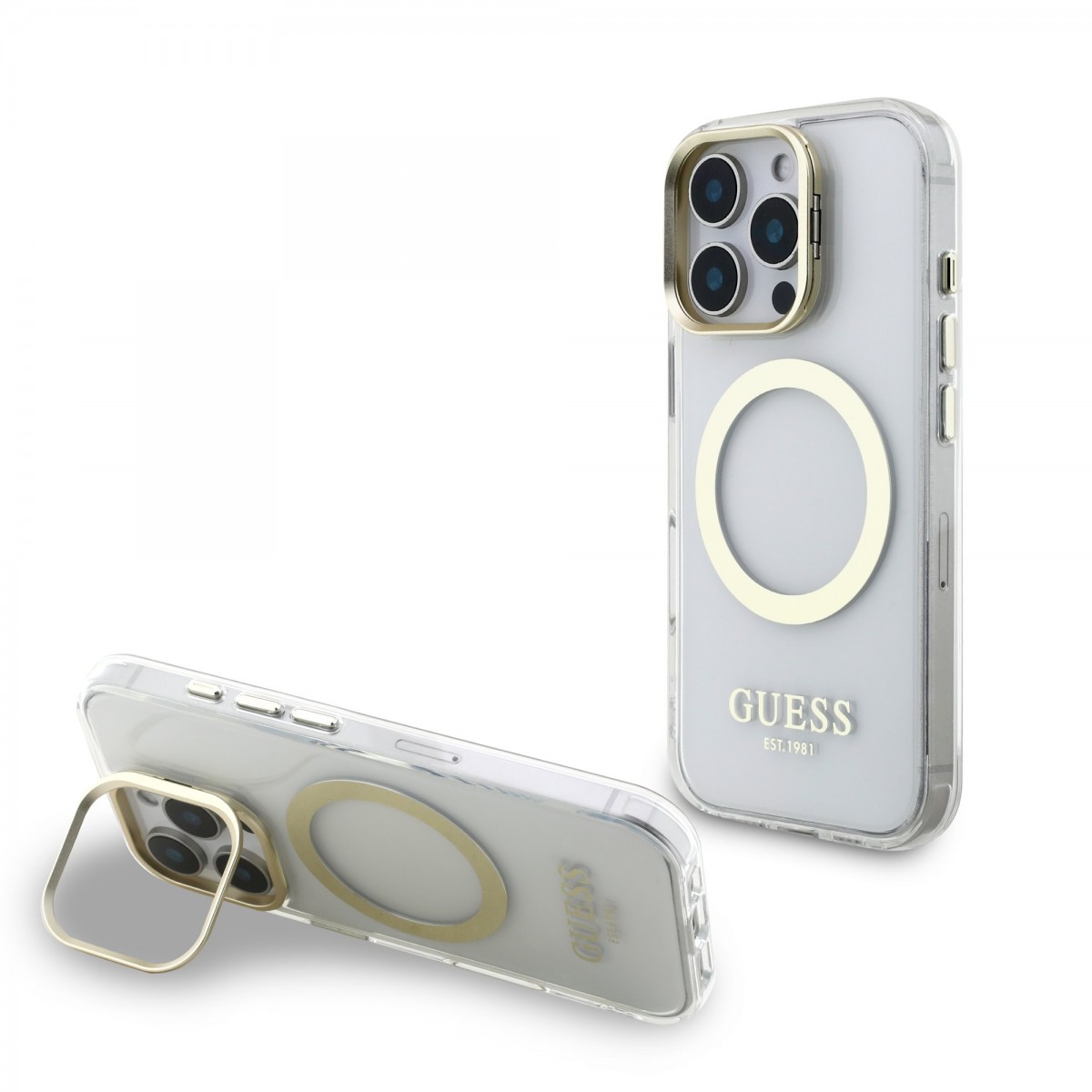 Levně Zadní kryt Guess IML Gold Outline Stand Camera Frame MagSafe pro iPhone 16 Pro Max Transparent