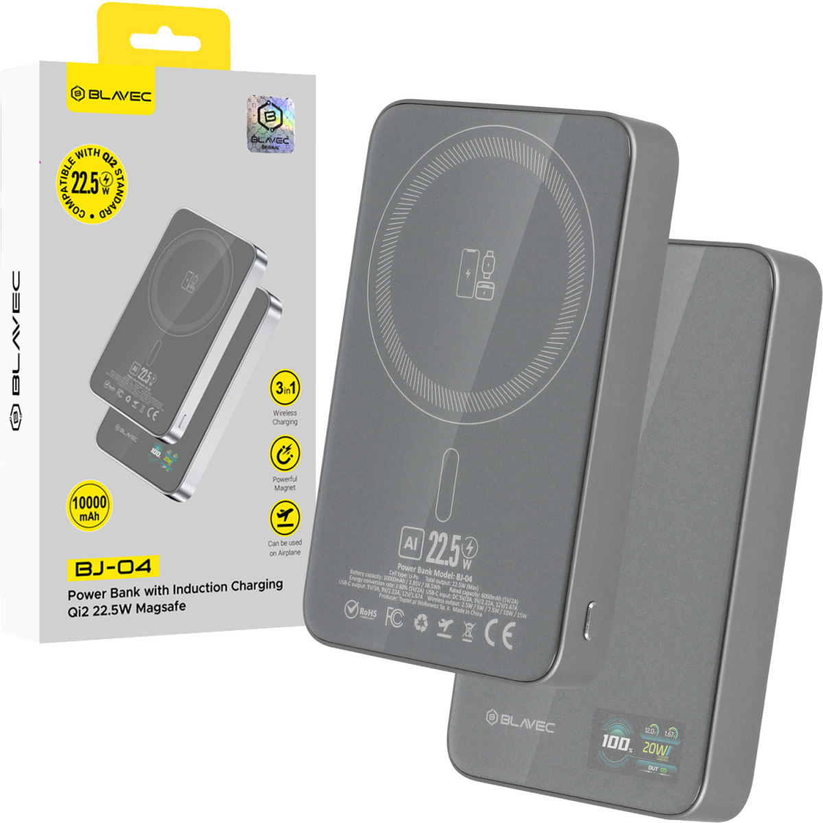 Levně Powerbank Blavec BJ-04 Slim 13,5mm 10000mAh USB-C magnetic Magsafe 3v1 (PBBJ04-MC10G) 22,5W grey