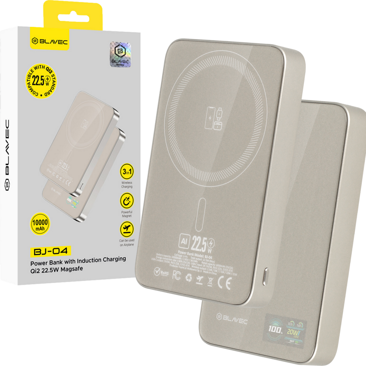 Levně Powerbank Blavec BJ-04 Slim 13,5mm 10000mAh USB-C magnetic Magsafe 3v1 (PBBJ04-MC10GD) 22,5W gold
