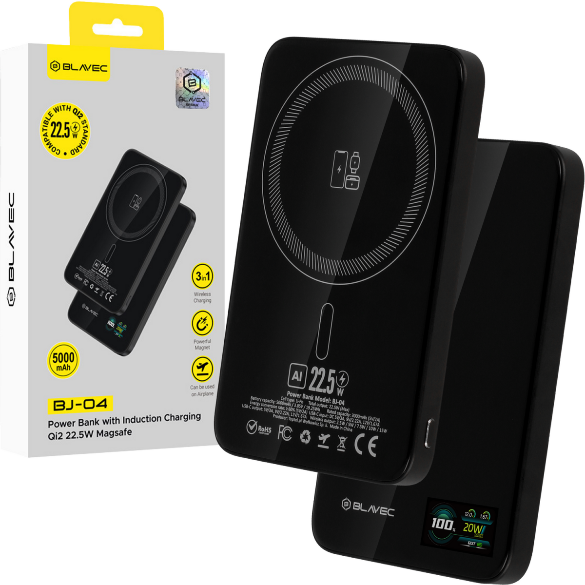 Levně Powerbank Blavec BJ-04 Ultra Slim 7,8mm 5000mAh USB-C magnetic Magsafe 3v1 (PBBJ04-MC5B) 22,5W black