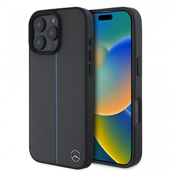 Zadní kryt Mercedes Leather Blue Stripe MagSafe pro iPhone 16 Pro Anthracite Grey