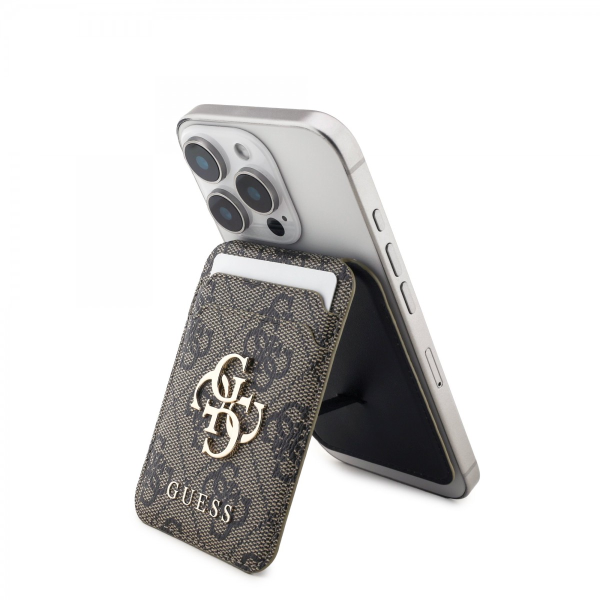 Levně Pouzdro na karty se stojanem Guess 4G Metal Logo MagSafe Cardslot Brown