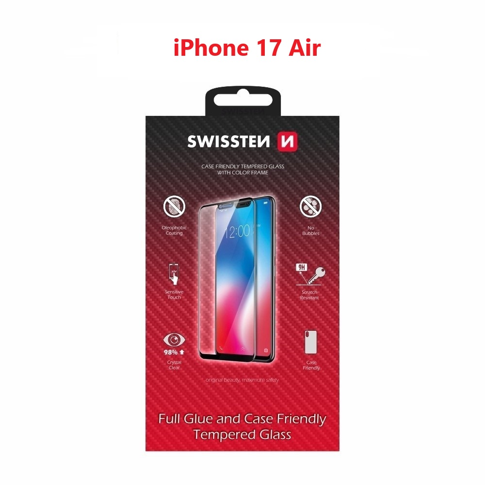 Tvrzené sklo Swissten full glue, color frame, case friendly pro Apple iPhone 17 Air černé