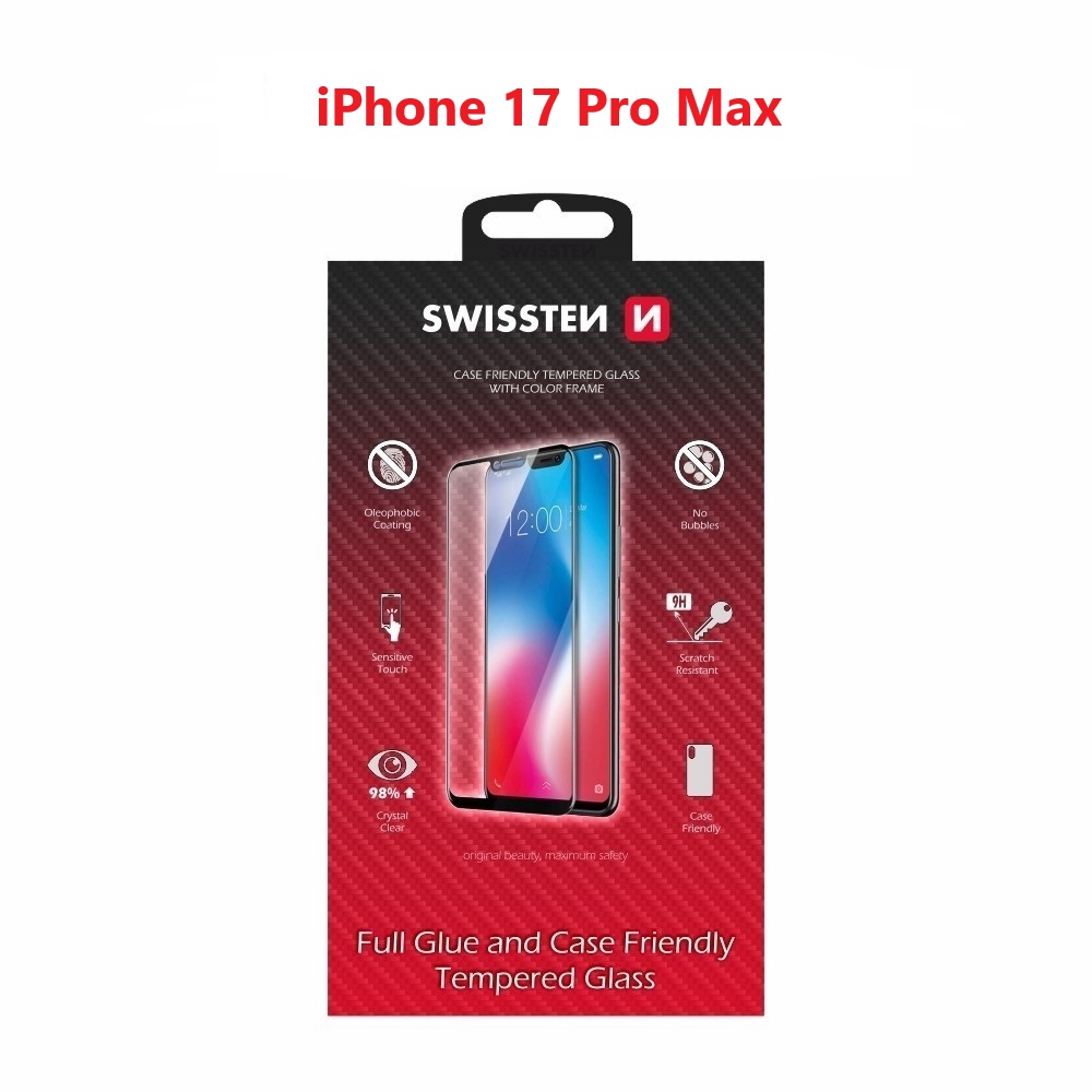 Tvrzené sklo Swissten full glue, color frame, case friendly pro Apple iPhone 17 Pro Max černé