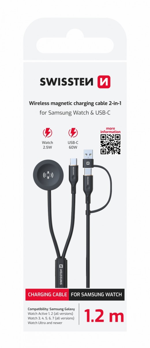 Levně Magnetický kabel Swissten 2v1 pro Samsung Galaxy Watch a usb-c, usb-c (usb-a) 1.2 m černý