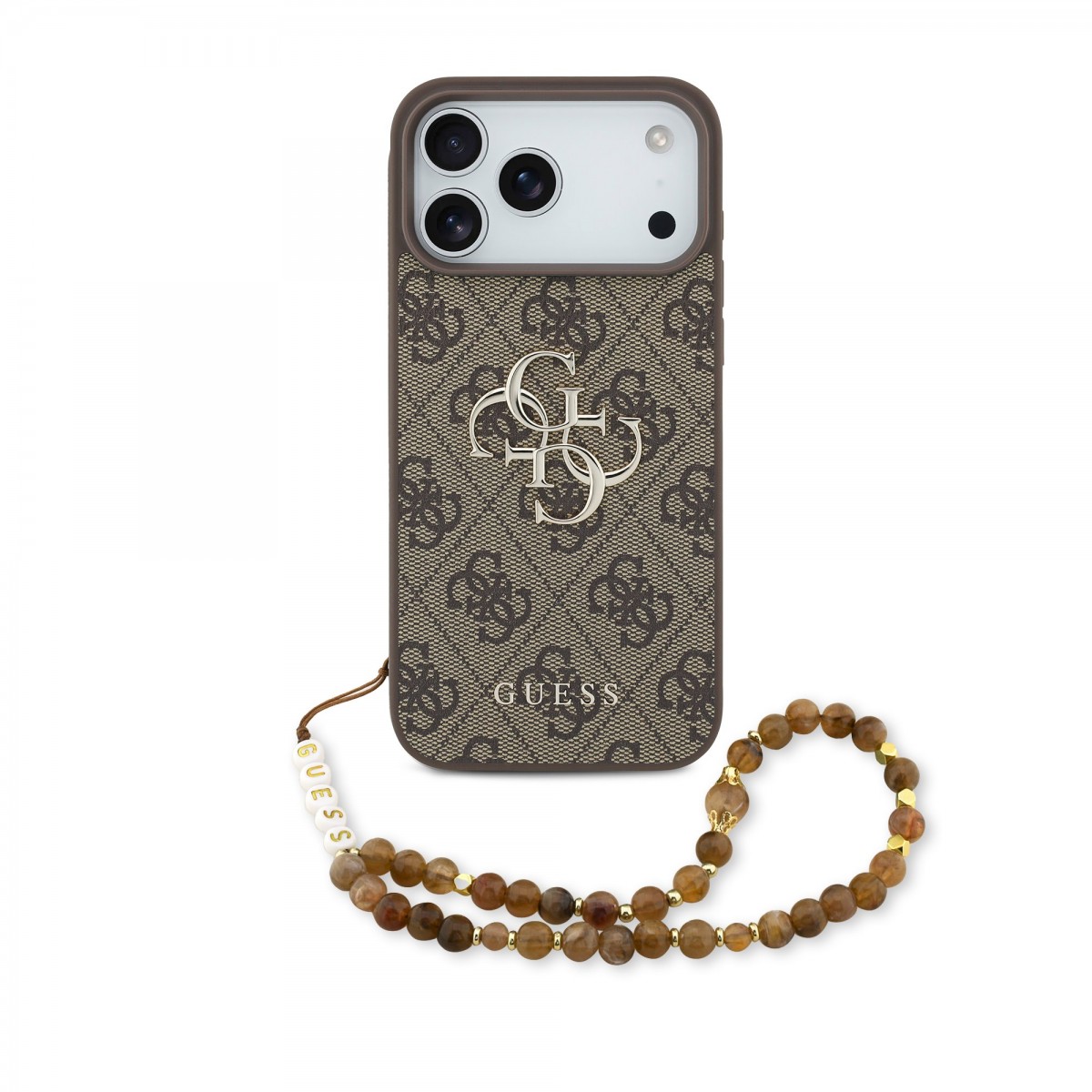 Levně Zadní kryt Guess PU 4G Metal Logo Strap pro iPhone 17 Pro Max Brown