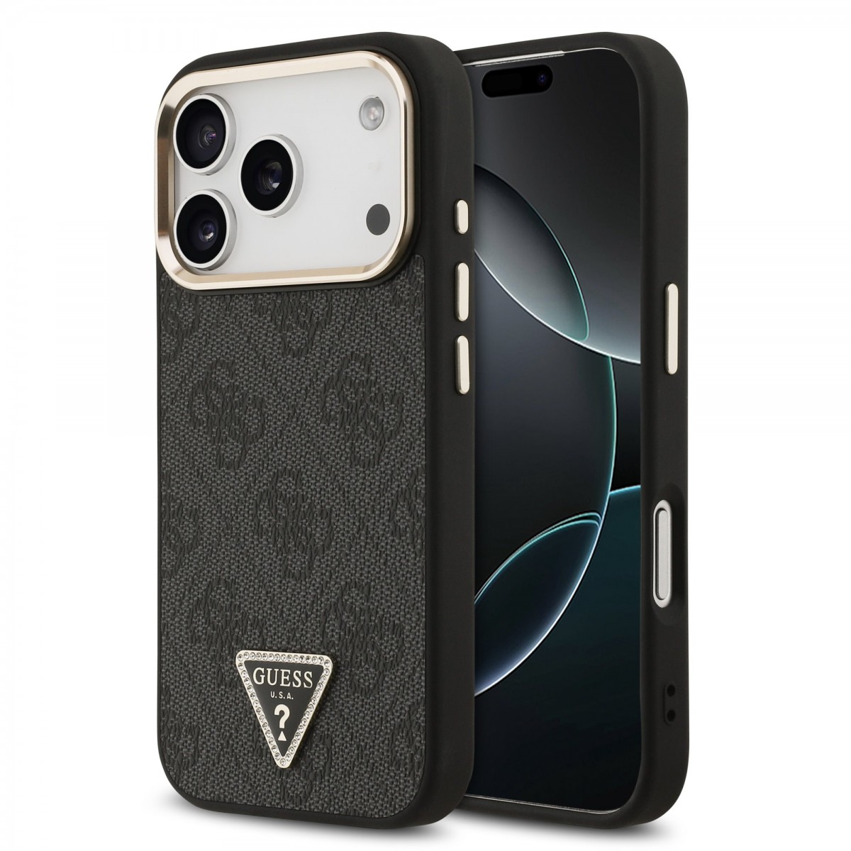 Levně Zadní kryt Guess PU Leather 4G Triangle Logo Gold Frame MagSafe pro iPhone 17 Pro Black
