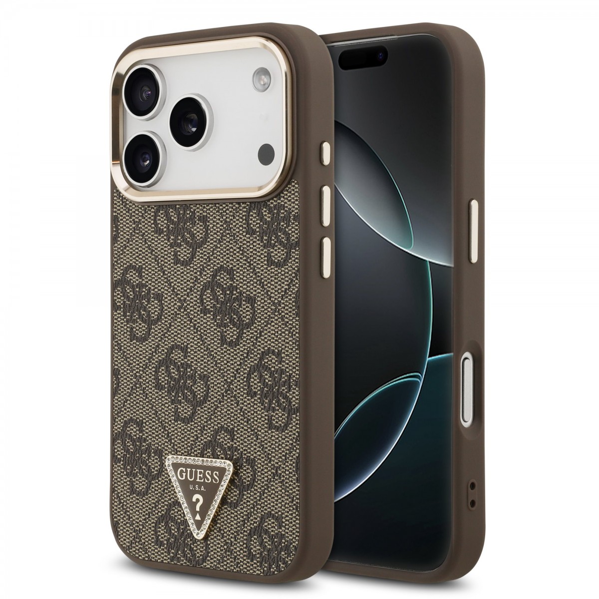 Levně Zadní kryt Guess PU Leather 4G Triangle Logo Gold Frame MagSafe pro iPhone 17 Pro Brown