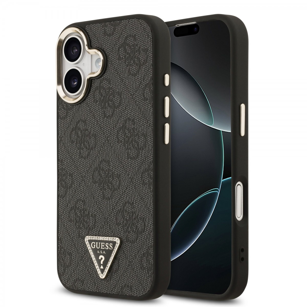 Levně Zadní kryt Guess PU Leather 4G Triangle Logo Gold Frame MagSafe pro iPhone 17 Black