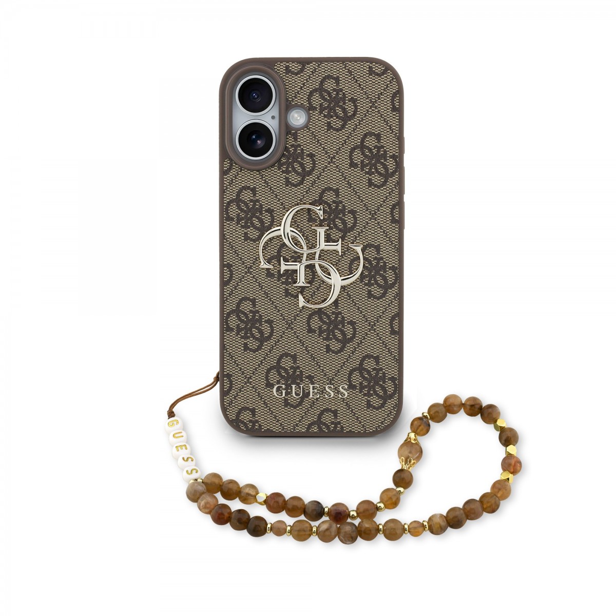 Levně Zadní kryt Guess PU 4G Metal Logo Strap pro iPhone 17 Brown