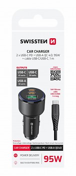 Rychlonabíječka do auta Swissten USB-A, 2x USB-C PD 95W + datový kabel USB-C 1 m černá