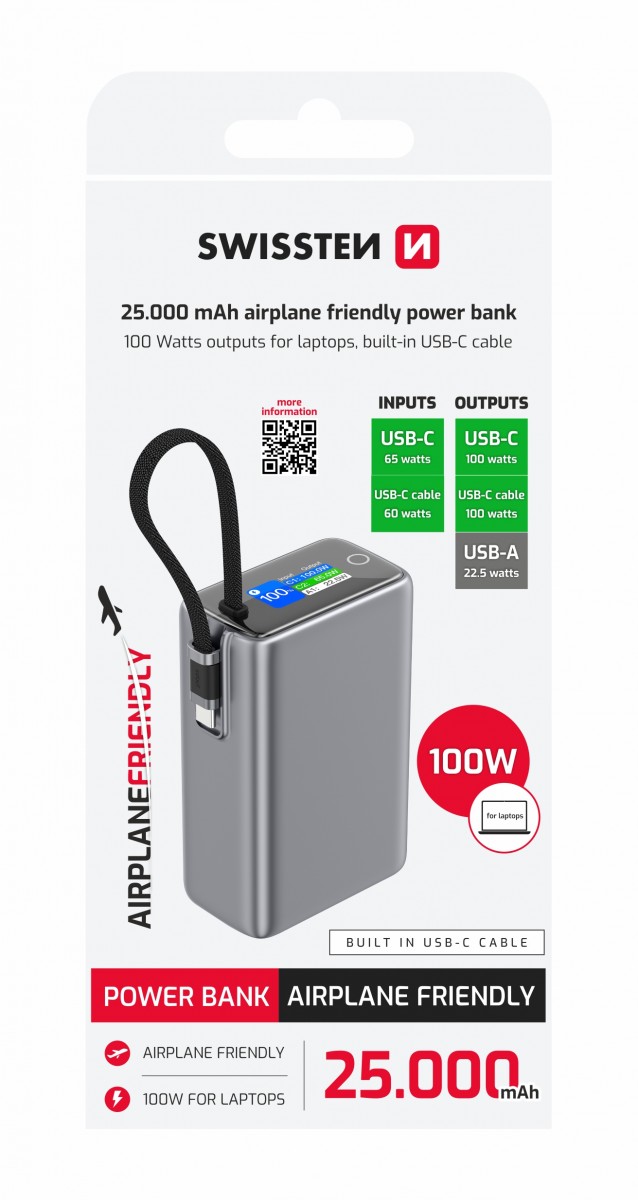 Levně Powerbank Swissten cestovní 25000 mAh (96.25wh) 100W s integrovaným kabelem USB-C šedá