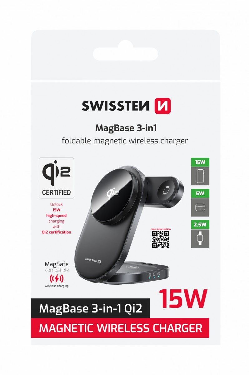 Levně Skládací bezdrátová nabíječka Swissten QI2 Magbase 3v1 černá (kompatibilní s magsafe)
