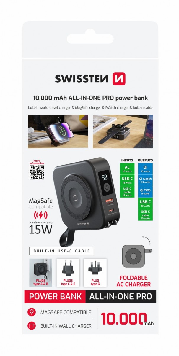 Levně Powerbank Swissten all-in-one Pro s vyměnitelnými vidlicemi (usa, eu, uk) 10000 mAh 20W černá
