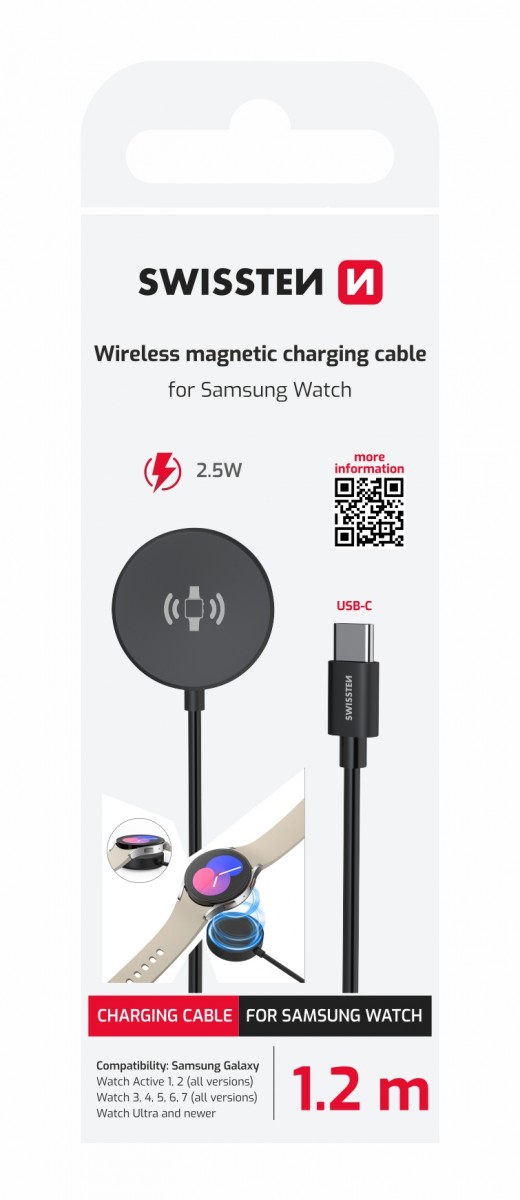 Levně Magnetický kabel Swissten pro Samsung Galaxy Watch, USB-C 1.2 m černý