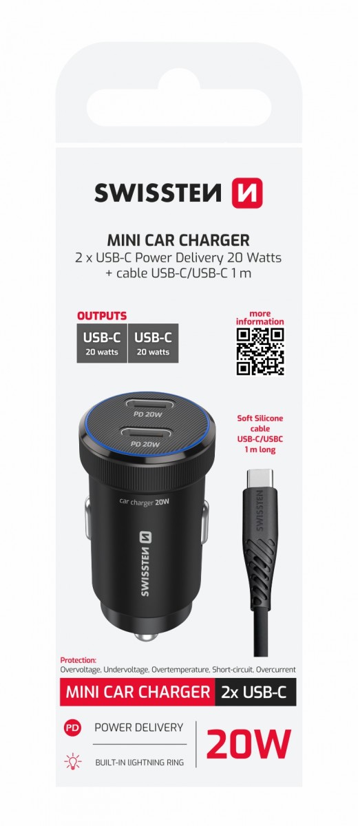 Levně Rychlonabíječka do auta Swissten 2x USB-C PD 20W + datový kabel USB-C 1 m černá