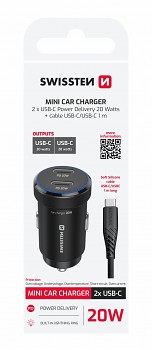 Rychlonabíječka do auta Swissten 2x USB-C PD 20W +  datový kabel USB-C 1 m černá