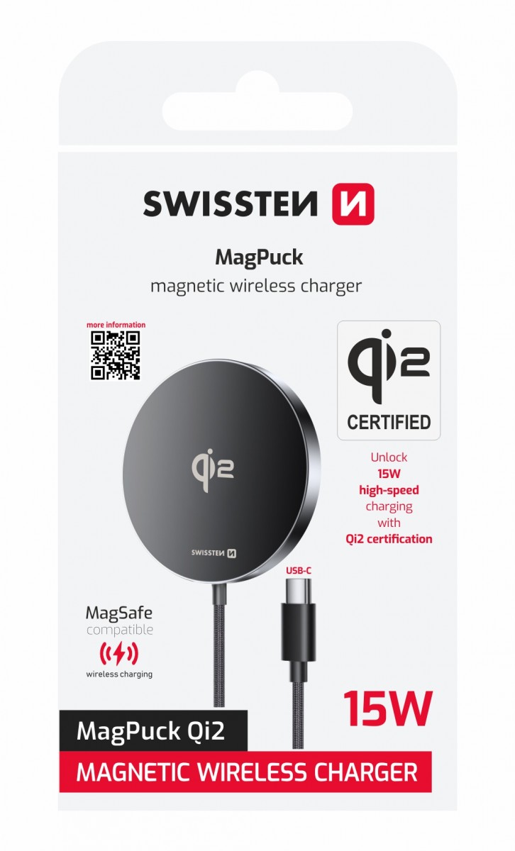 Levně Bezdrátová nabíječka Swissten MagPuck QI2 1.5m 15W (kompatibilní s magsafe)