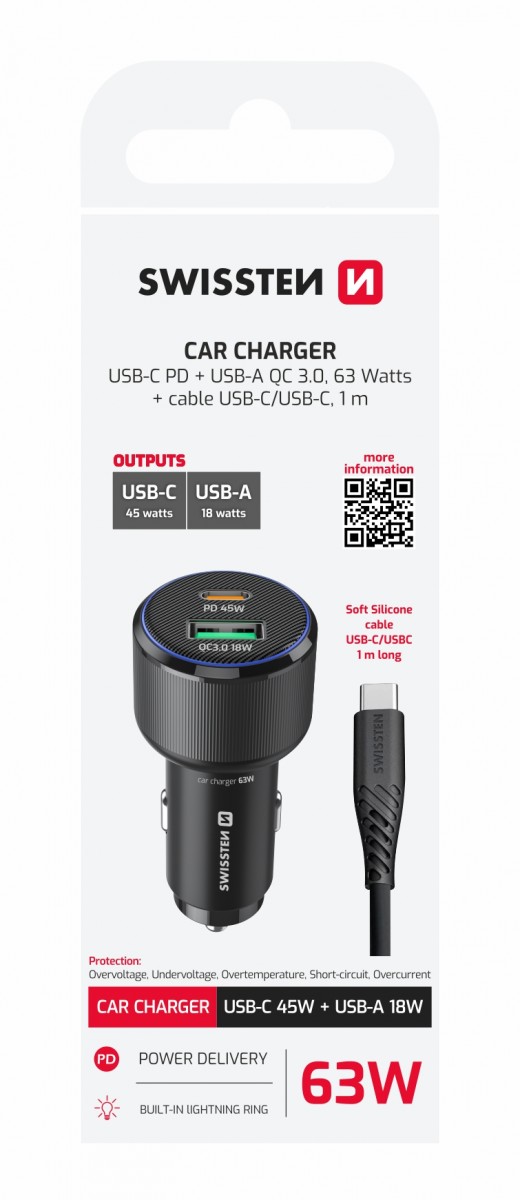 Levně Rychlonabíječka do auta Swissten USB-A, USB-C PD 63W + datový kabel USB-C 1 m černá