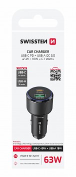 Adaptér do auta Swissten s funkcí rychlonabíjení USB-A, USB-C PD 63W černý