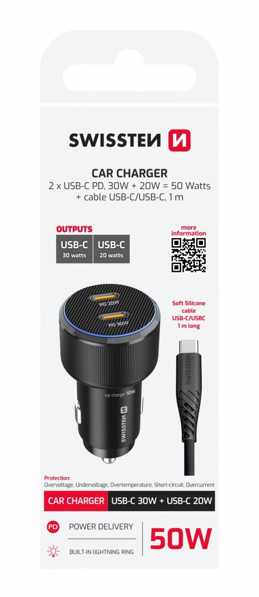 Levně Rychlonabíječka do auta Swissten 2x USB-C PD 50W + datový kabel USB-C 1 m černá