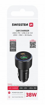 Adaptér do auta Swissten s funkcí rychlonabíjení USB-A, USB-C PD 38W černý