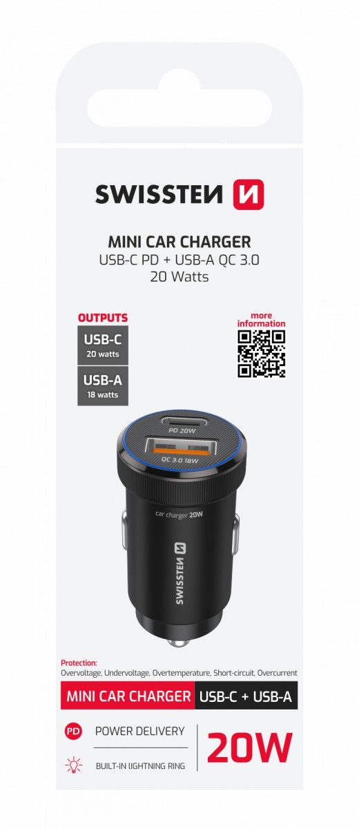Levně Adaptér do auta Swissten s funkcí rychlonabíjení USB-A,USB-C PD 20W černý