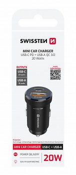 Adaptér do auta Swissten s funkcí rychlonabíjení USB-A,USB-C PD 20W černý