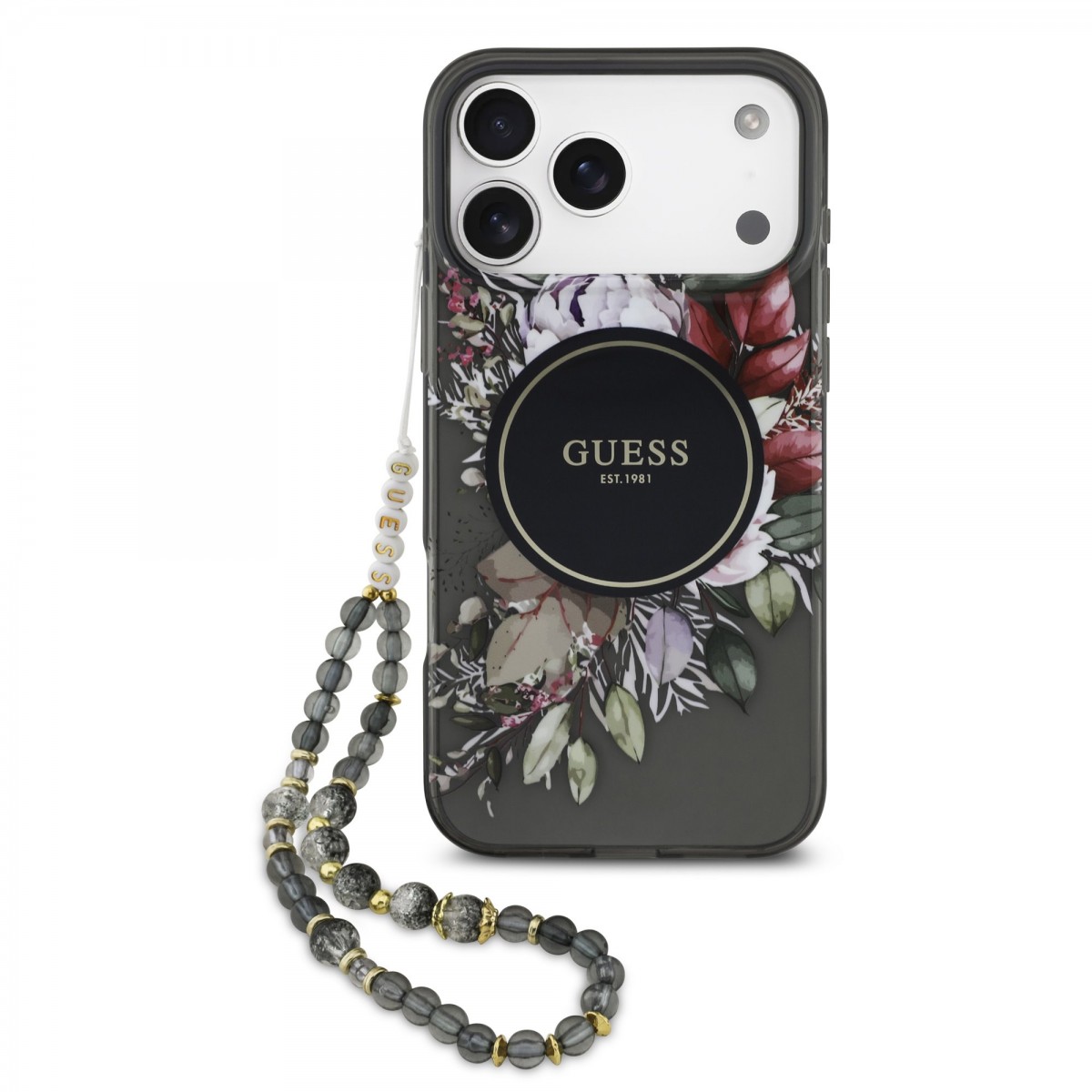 Levně Zadní kryt Guess IML Flowers Strap MagSafe pro iPhone 17 Pro Max Black
