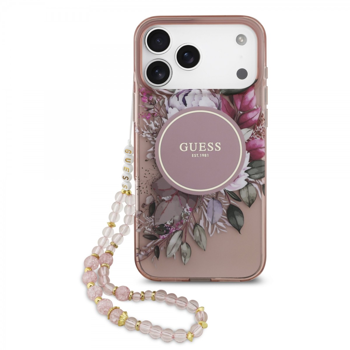 Levně Zadní kryt Guess IML Flowers Strap MagSafe pro iPhone 17 Pro Max Pink