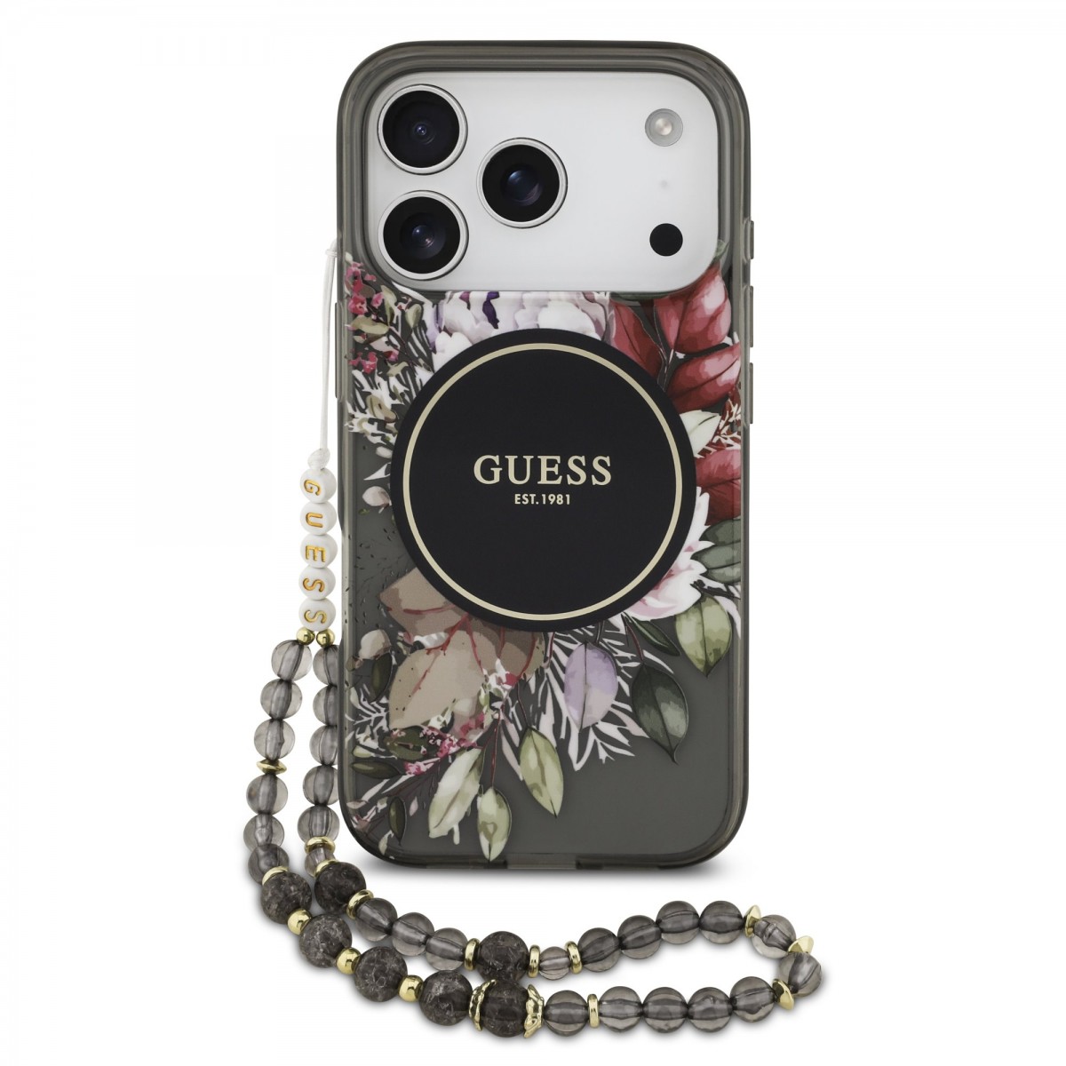 Levně Zadní kryt Guess IML Flowers Strap MagSafe pro iPhone 17 Pro Black
