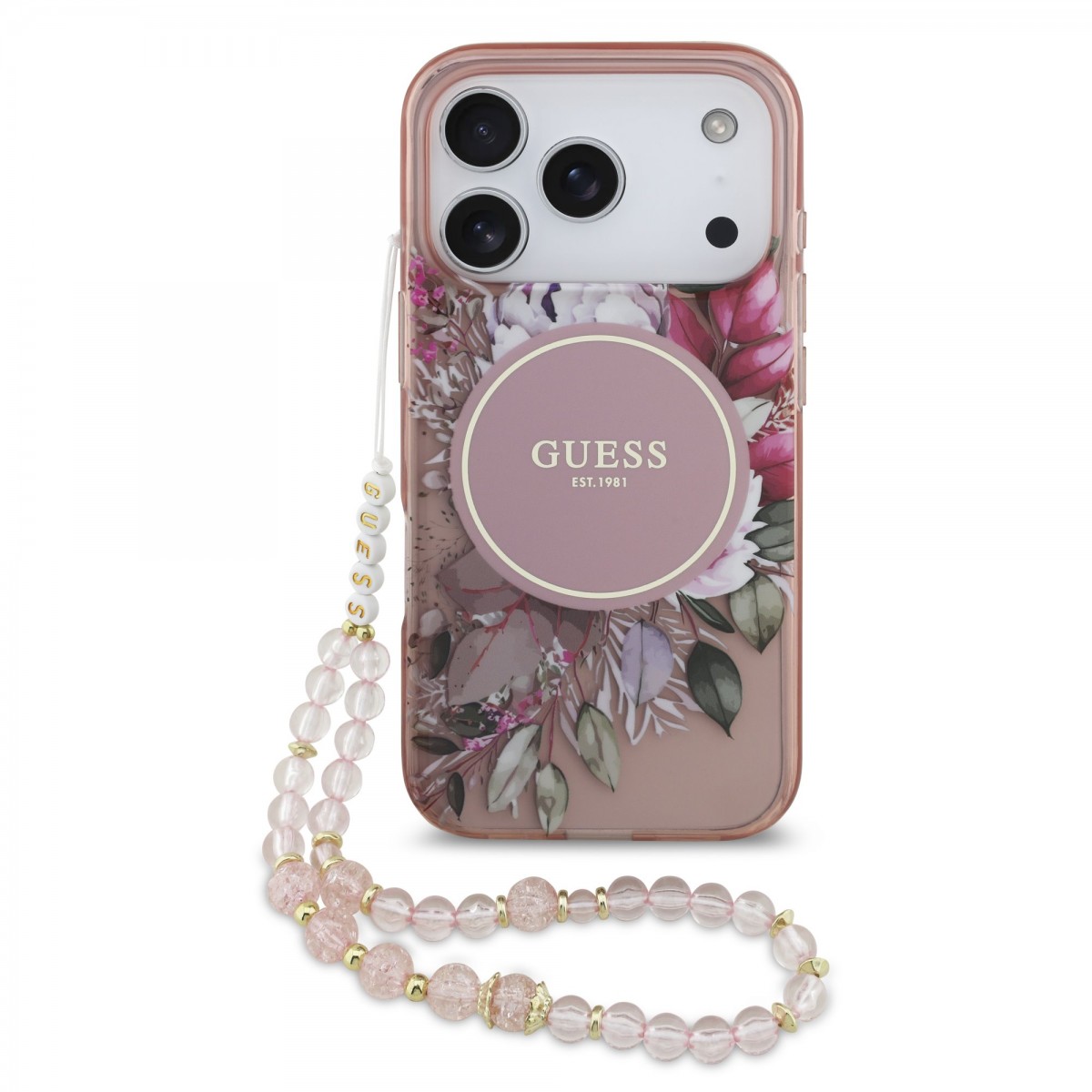Levně Zadní kryt Guess IML Flowers Strap MagSafe pro iPhone 17 Pro Pink
