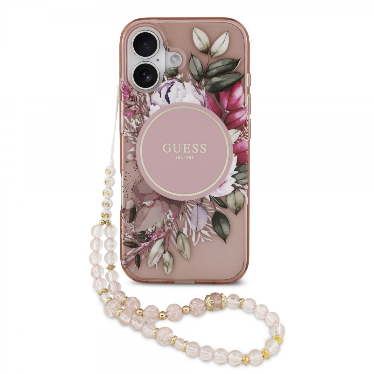 Levně Zadní kryt Guess IML Flowers Strap MagSafe pro iPhone 17 Pink