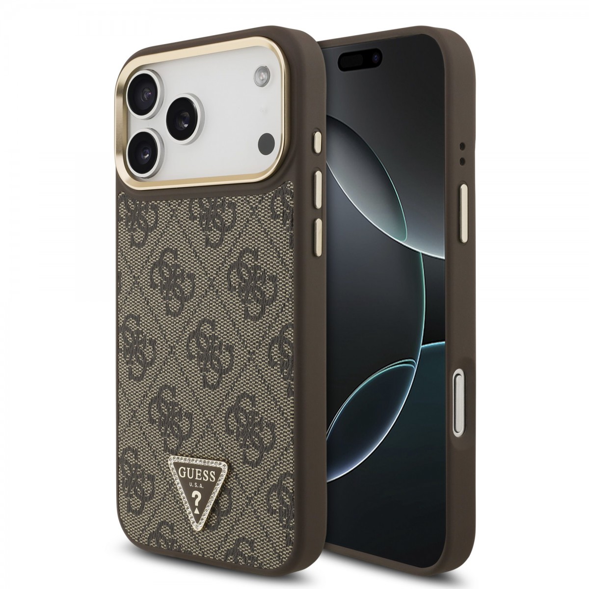 Levně Zadní kryt Guess PU Leather 4G Triangle Logo Gold Frame MagSafe pro iPhone 17 Pro Max Brown
