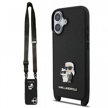 Zadní kryt Karl Lagerfeld Saffiano Crossbody Popruh Metal Karl and Choupette pro iPhone 17 Black